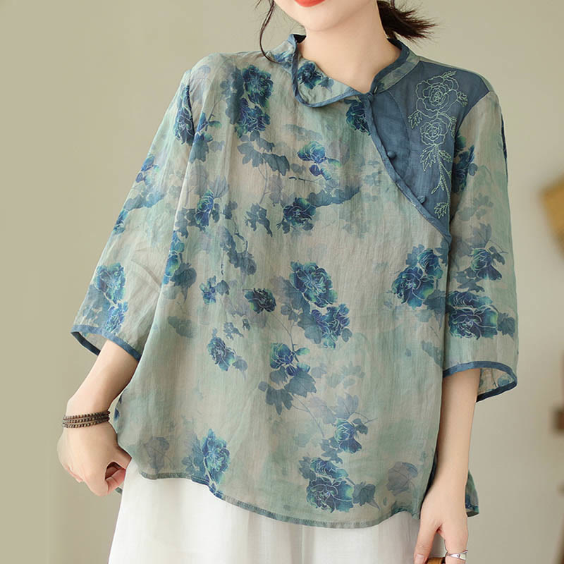 Nimara Ritual PLUS SIZE Blue Jacaranda Flower Design Three Quarter Sleeve Shirt