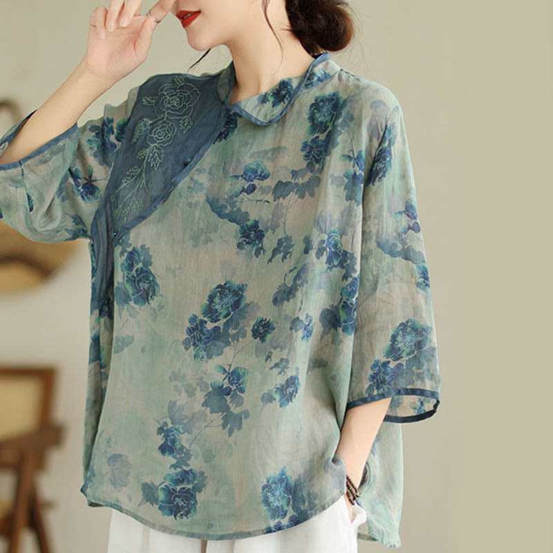 Nimara Ritual PLUS SIZE Blue Jacaranda Flower Design Three Quarter Sleeve Shirt