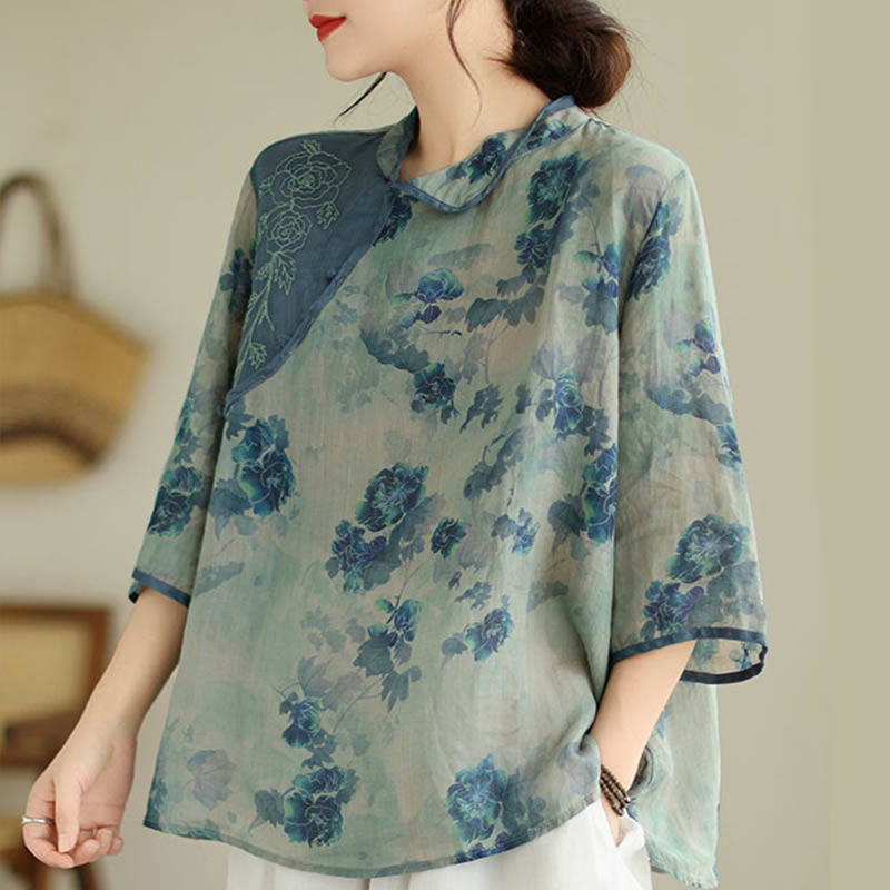 Nimara Ritual PLUS SIZE Blue Jacaranda Flower Design Three Quarter Sleeve Shirt