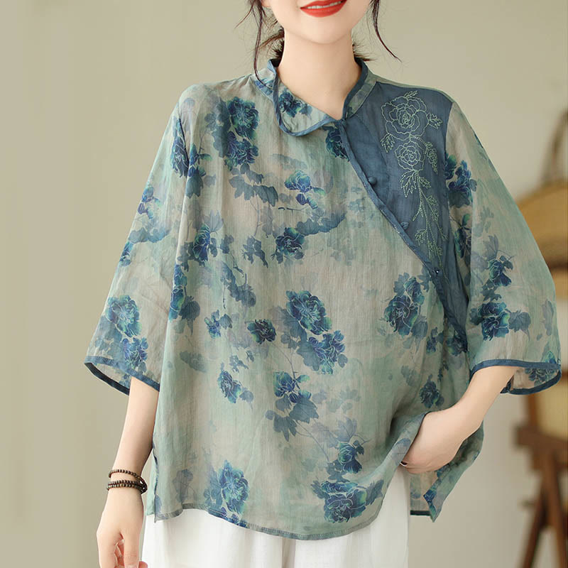 Nimara Ritual PLUS SIZE Blue Jacaranda Flower Design Three Quarter Sleeve Shirt