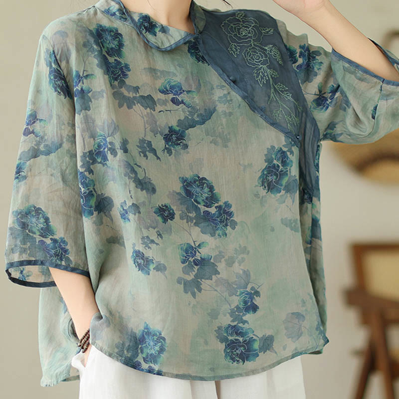 Nimara Ritual PLUS SIZE Blue Jacaranda Flower Design Three Quarter Sleeve Shirt