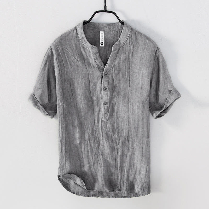 Nimara Ritual Solid Color Short Sleeve Half Button Shirt Cotton Linen Men Clothing