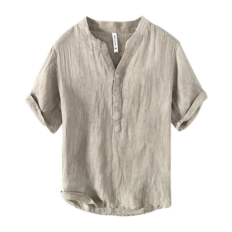 Nimara Ritual Solid Color Short Sleeve Half Button Shirt Cotton Linen Men Clothing