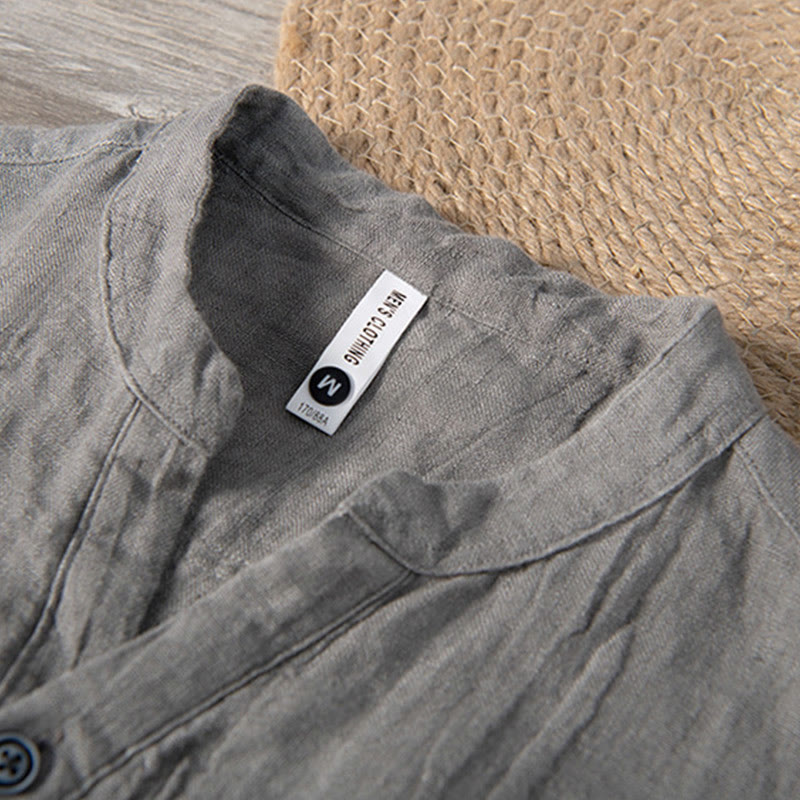 Nimara Ritual Solid Color Short Sleeve Half Button Shirt Cotton Linen Men Clothing