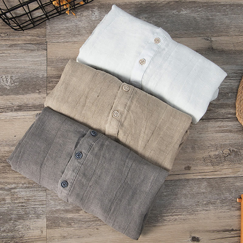 Nimara Ritual Solid Color Long Sleeve Half Button Shirt Cotton Linen Men Clothing