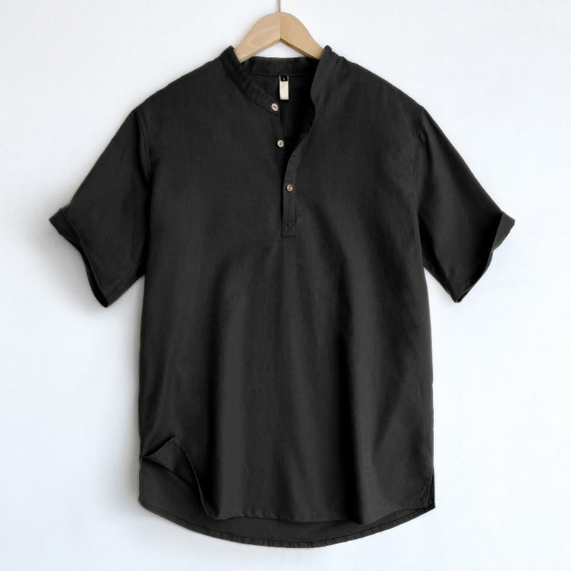 Nimara Ritual Solid Color Men Short Sleeve Button Linen Shirt