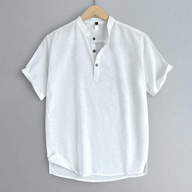 Nimara Ritual Solid Color Men Short Sleeve Button Linen Shirt