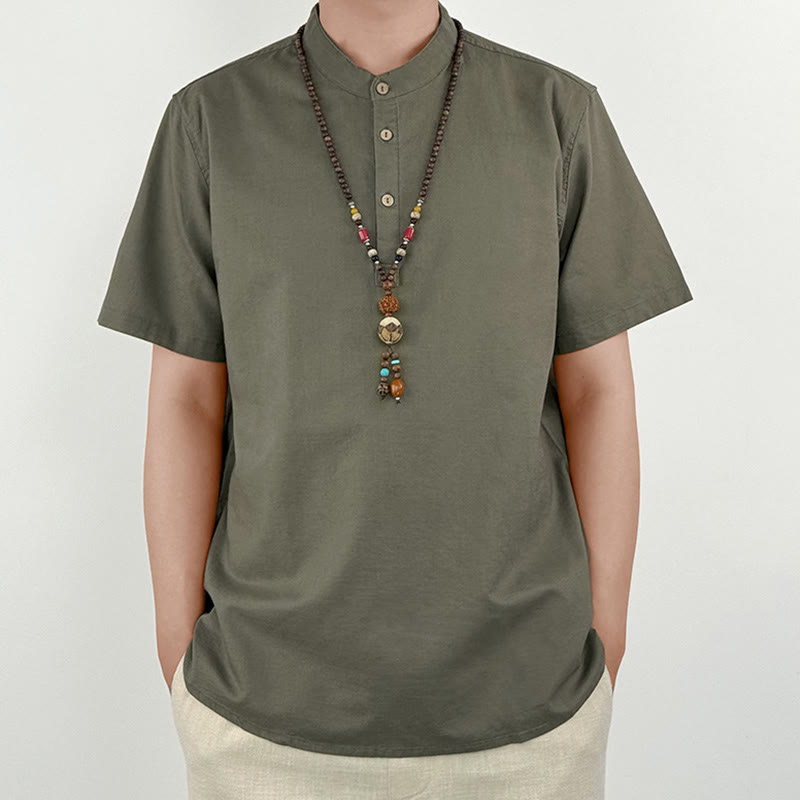 Nimara Ritual Solid Color Men Short Sleeve Button Linen Shirt
