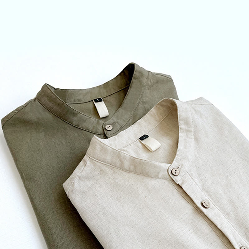Nimara Ritual Solid Color Men Short Sleeve Button Linen Shirt