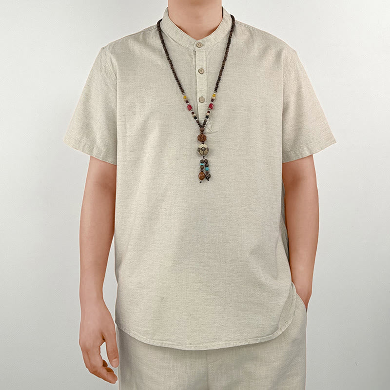 Nimara Ritual Solid Color Men Short Sleeve Button Linen Shirt