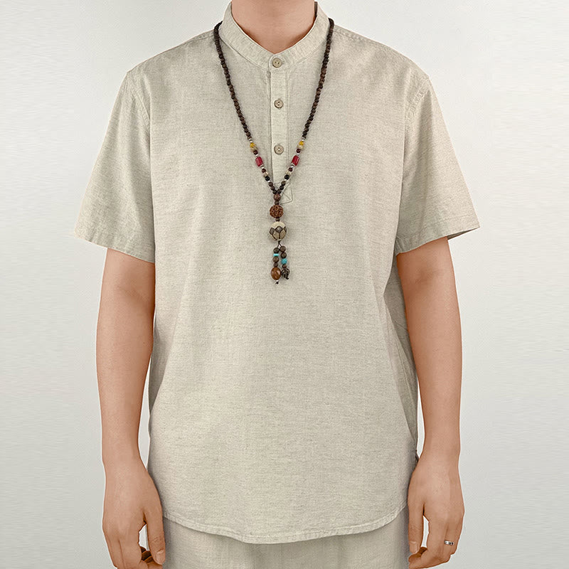 Nimara Ritual Solid Color Men Short Sleeve Button Linen Shirt