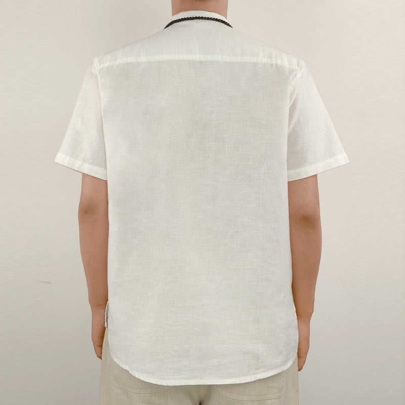 Nimara Ritual Solid Color Men Short Sleeve Button Linen Shirt