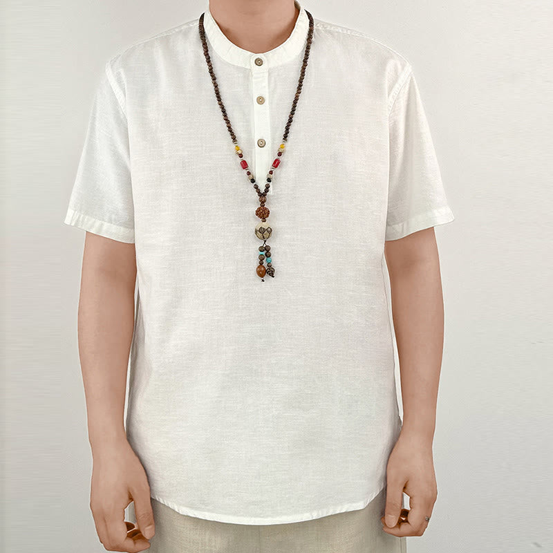 Nimara Ritual Solid Color Men Short Sleeve Button Linen Shirt