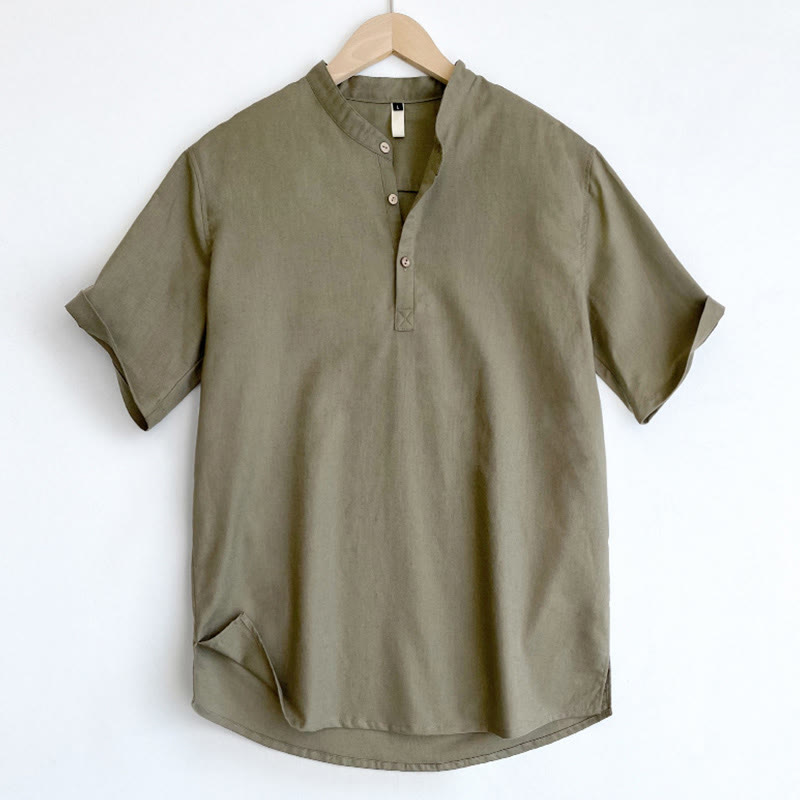 Nimara Ritual Solid Color Men Short Sleeve Button Linen Shirt