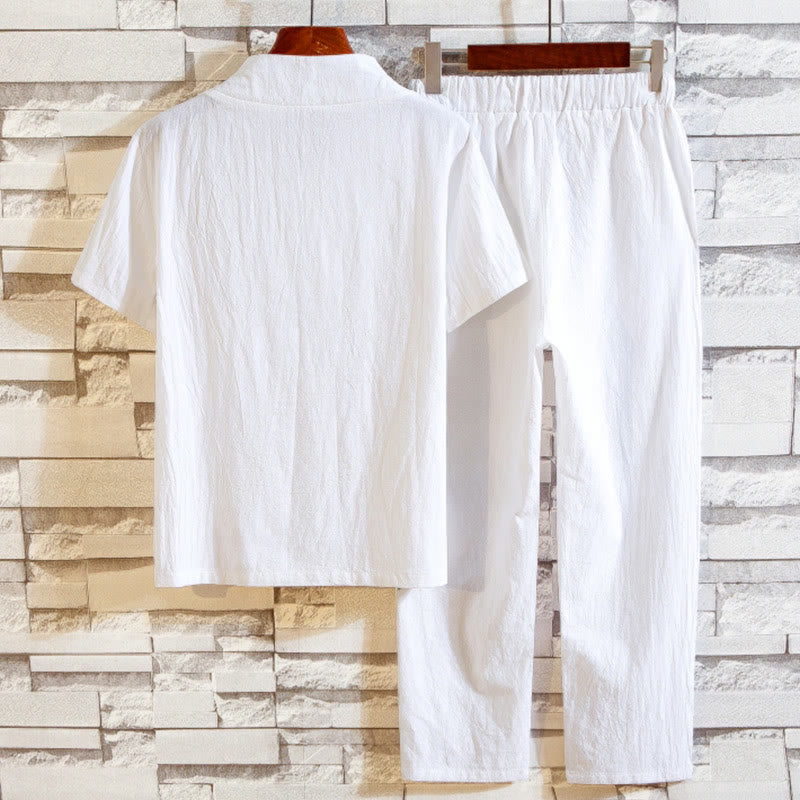 Nimara Ritual 2Pcs Solid Color Cotton Button Short Sleeve T-shirt Pants Men's Set