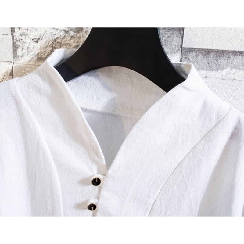 Nimara Ritual 2Pcs Solid Color Cotton Button Short Sleeve T-shirt Pants Men's Set