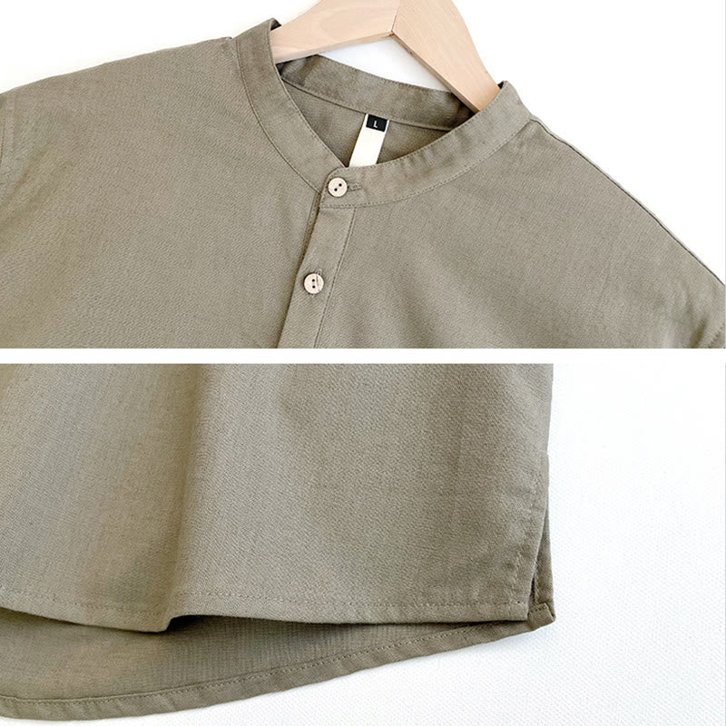 Nimara Ritual Solid Color Men Short Sleeve Button Linen Shirt