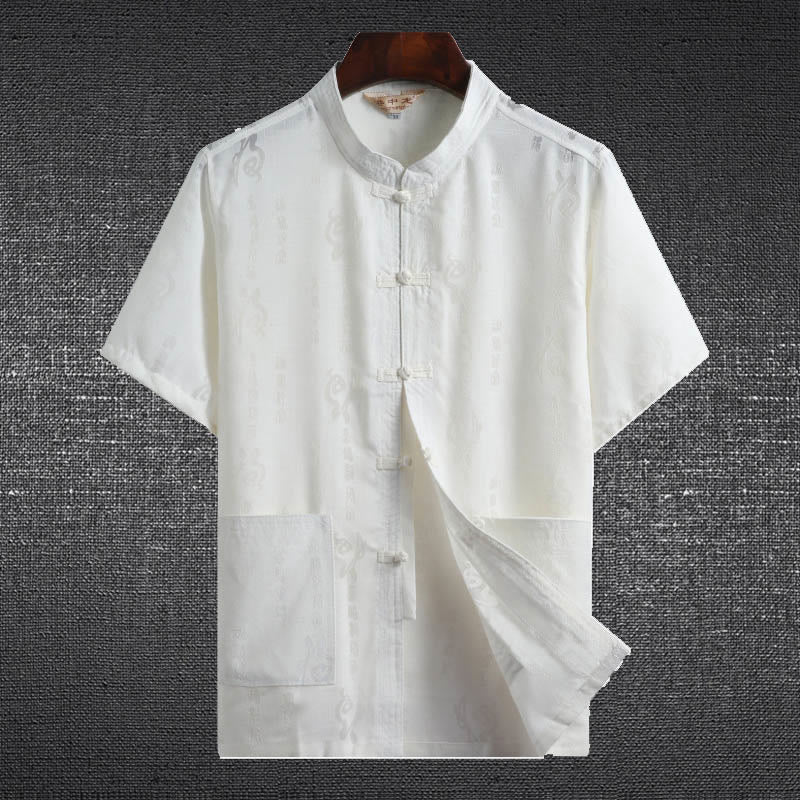 Nimara Ritual Frog-Button Fu Character Dragon Bamboo Leaf Chinese Tang Suit Short Sleeve Shirt Linen With Pockets