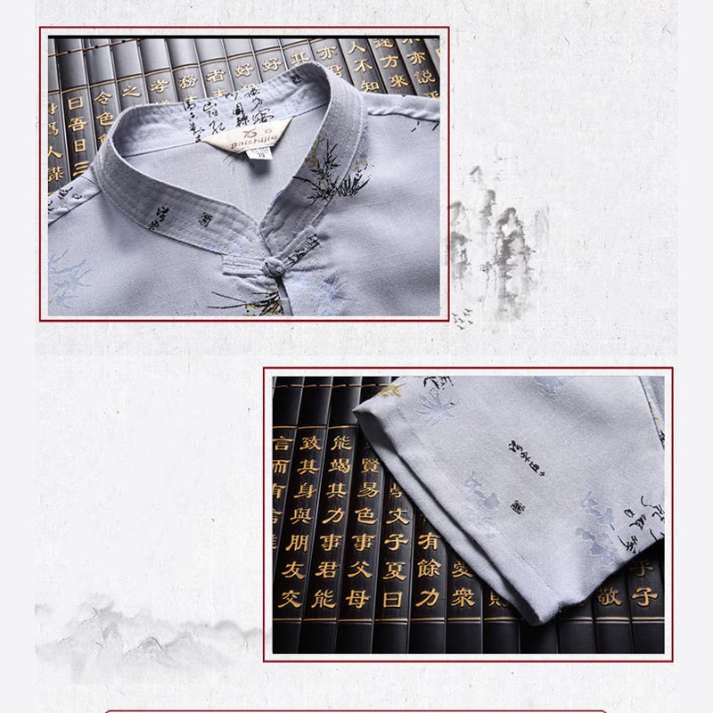 Nimara Ritual Frog-Button Fu Character Dragon Bamboo Leaf Chinese Tang Suit Short Sleeve Shirt Linen With Pockets