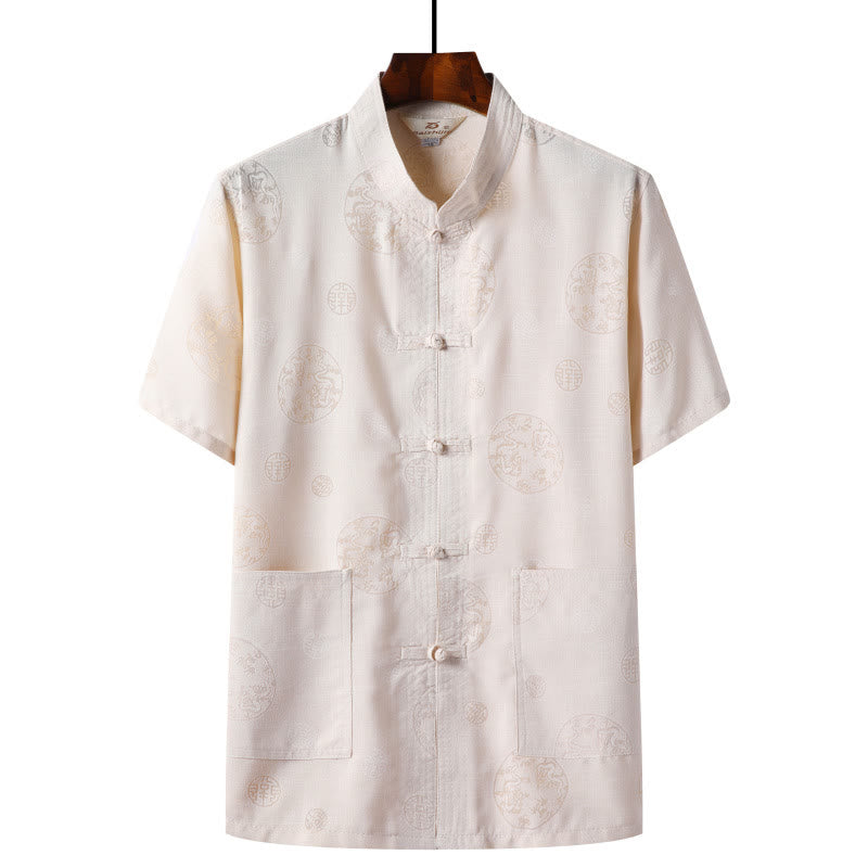 Nimara Ritual Frog-Button Fu Character Dragon Bamboo Leaf Chinese Tang Suit Short Sleeve Shirt Linen With Pockets