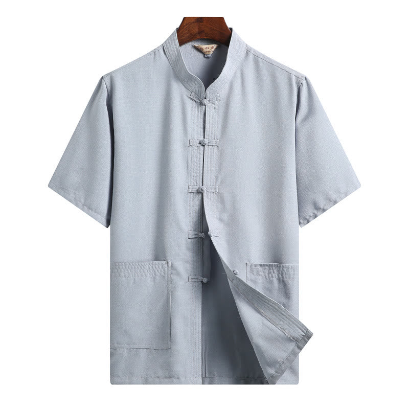 Nimara Ritual Frog-Button Fu Character Dragon Bamboo Leaf Chinese Tang Suit Short Sleeve Shirt Linen With Pockets