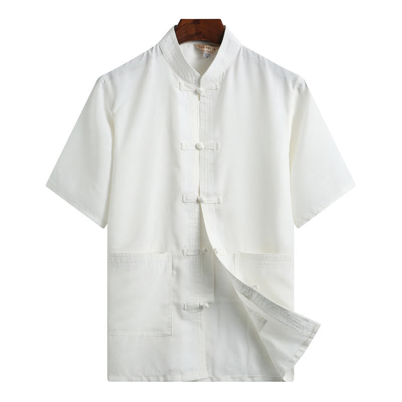 Nimara Ritual Frog-Button Fu Character Dragon Bamboo Leaf Chinese Tang Suit Short Sleeve Shirt Linen With Pockets