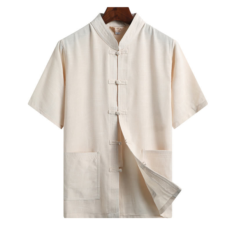 Nimara Ritual Frog-Button Fu Character Dragon Bamboo Leaf Chinese Tang Suit Short Sleeve Shirt Linen With Pockets