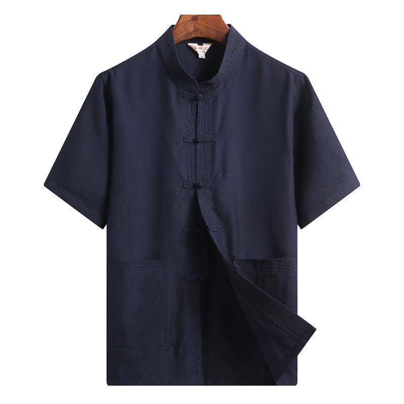 Nimara Ritual Frog-Button Fu Character Dragon Bamboo Leaf Chinese Tang Suit Short Sleeve Shirt Linen With Pockets