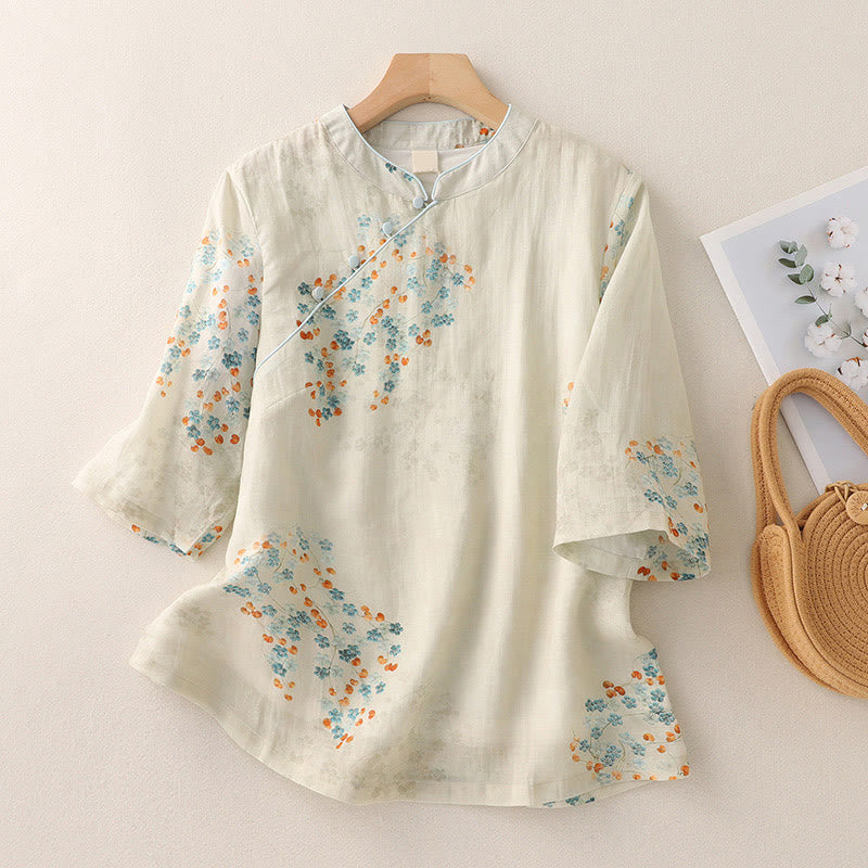 Nimara Ritual Blue Flowers Orange Leaves Frog-Button Three Quarter Sleeve Shirt
