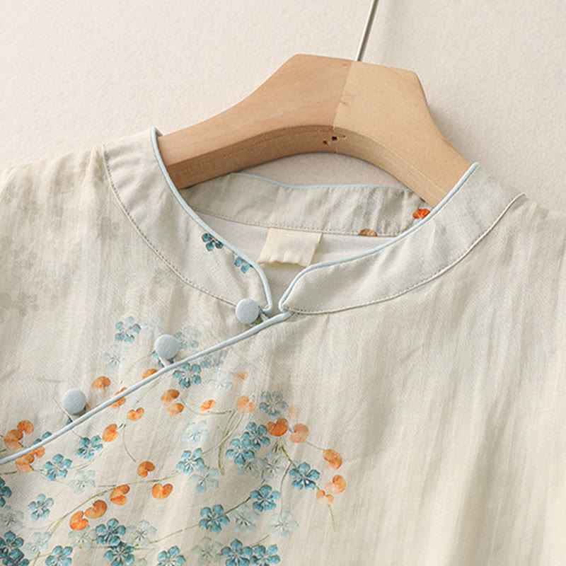 Nimara Ritual Blue Flowers Orange Leaves Frog-Button Three Quarter Sleeve Shirt
