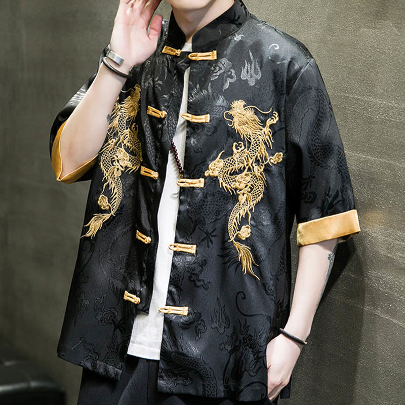 Nimara Ritual Frog-Button Chinese Dragon Embroidery Half Sleeve Shirt Linen Men Clothing