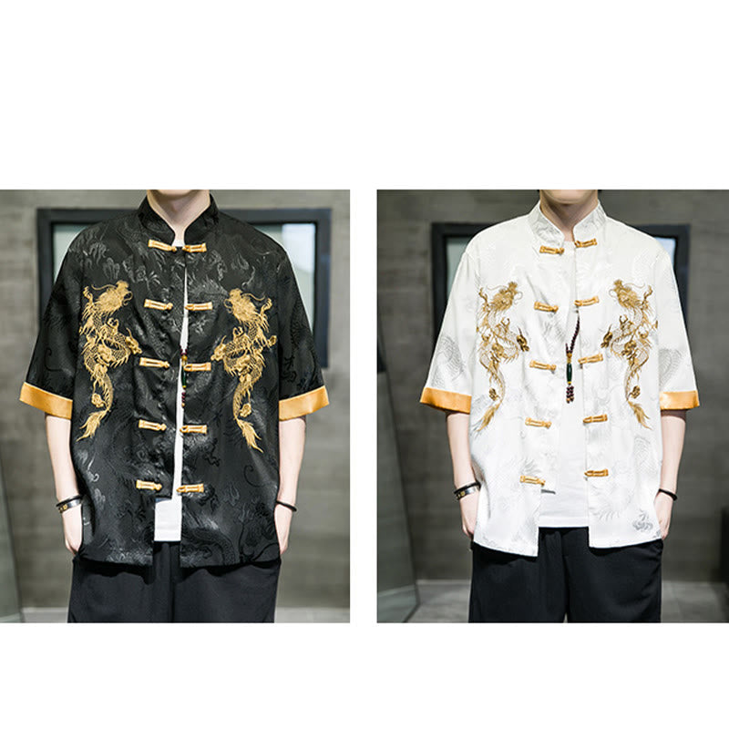 Nimara Ritual Frog-Button Chinese Dragon Embroidery Half Sleeve Shirt Linen Men Clothing