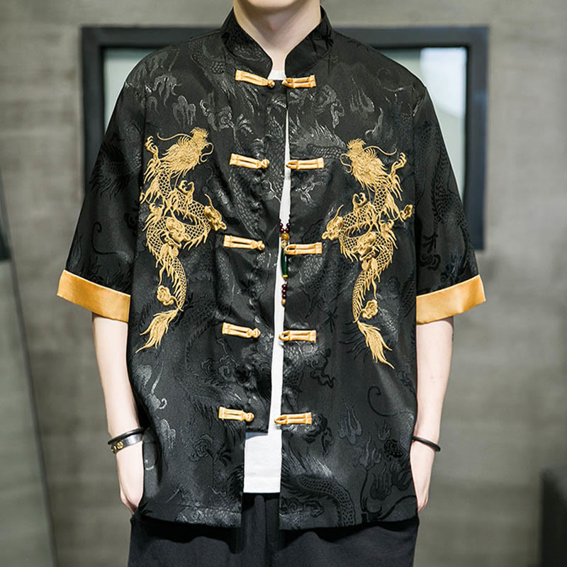 Nimara Ritual Frog-Button Chinese Dragon Embroidery Half Sleeve Shirt Linen Men Clothing
