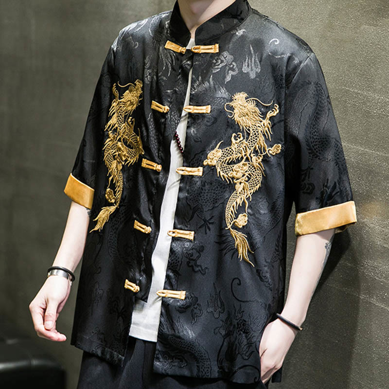 Nimara Ritual Frog-Button Chinese Dragon Embroidery Half Sleeve Shirt Linen Men Clothing