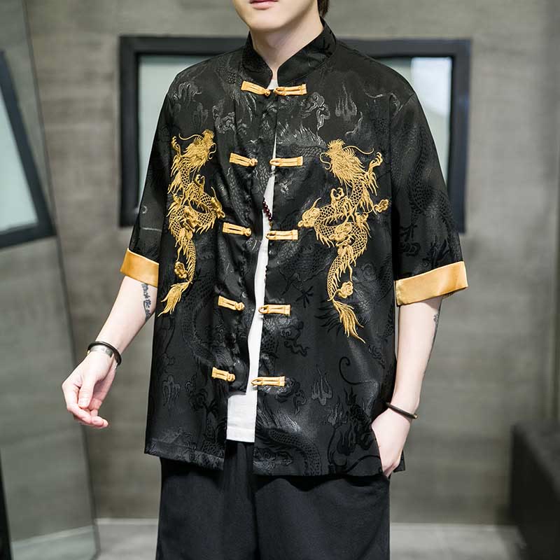 Nimara Ritual Frog-Button Chinese Dragon Embroidery Half Sleeve Shirt Linen Men Clothing