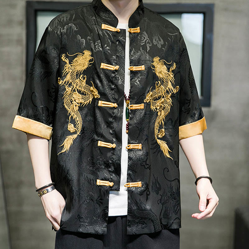 Nimara Ritual Frog-Button Chinese Dragon Embroidery Half Sleeve Shirt Linen Men Clothing