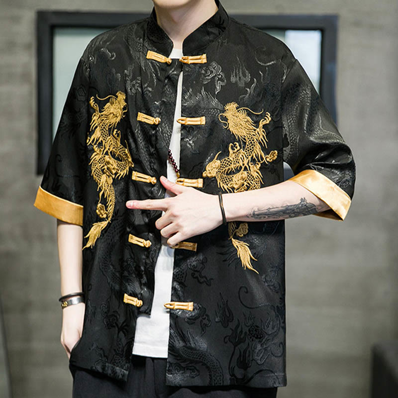 Nimara Ritual Frog-Button Chinese Dragon Embroidery Half Sleeve Shirt Linen Men Clothing