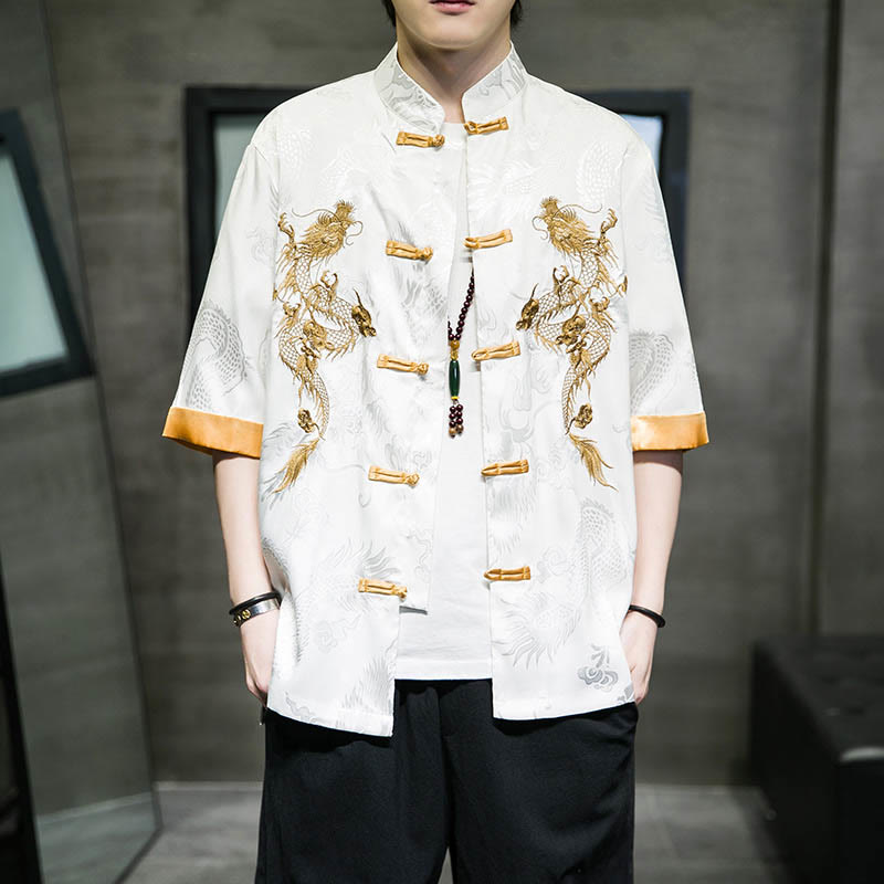 Nimara Ritual Frog-Button Chinese Dragon Embroidery Half Sleeve Shirt Linen Men Clothing