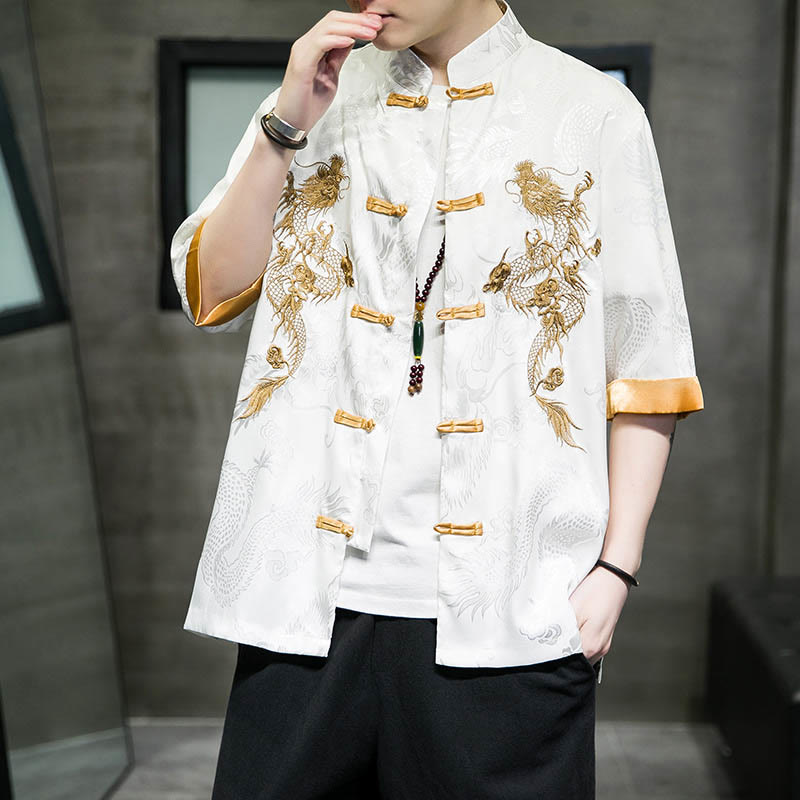 Nimara Ritual Frog-Button Chinese Dragon Embroidery Half Sleeve Shirt Linen Men Clothing