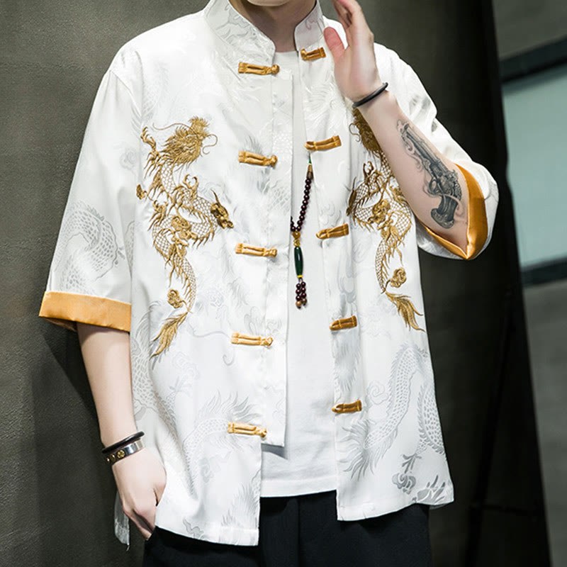 Nimara Ritual Frog-Button Chinese Dragon Embroidery Half Sleeve Shirt Linen Men Clothing