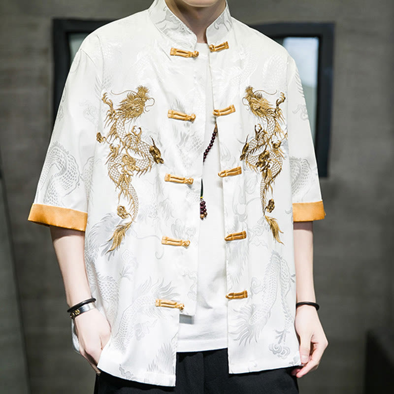Nimara Ritual Frog-Button Chinese Dragon Embroidery Half Sleeve Shirt Linen Men Clothing