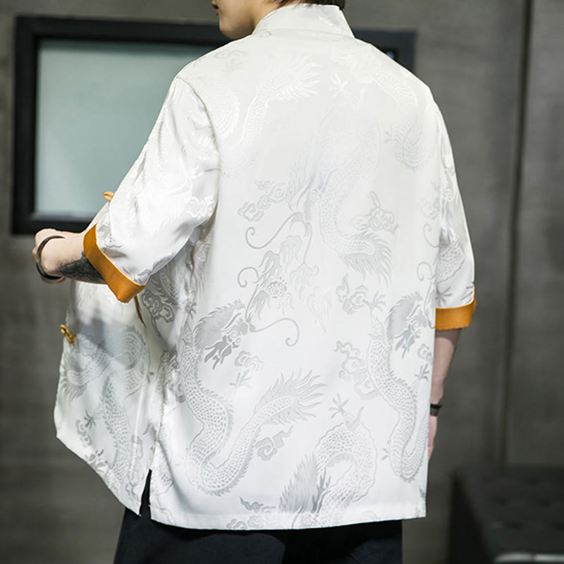Nimara Ritual Frog-Button Chinese Dragon Embroidery Half Sleeve Shirt Linen Men Clothing