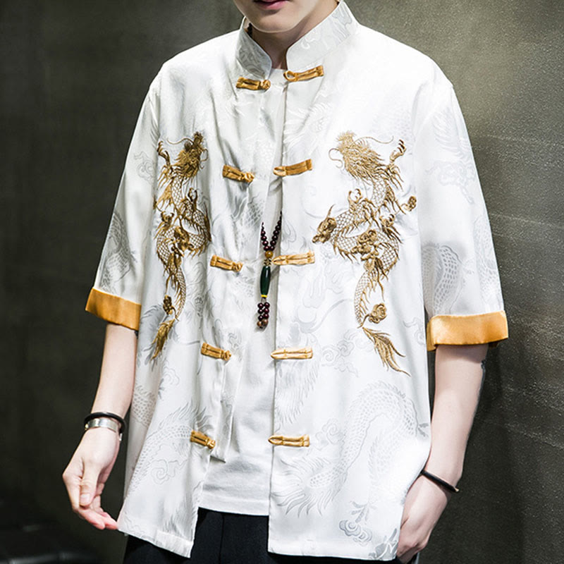 Nimara Ritual Frog-Button Chinese Dragon Embroidery Half Sleeve Shirt Linen Men Clothing