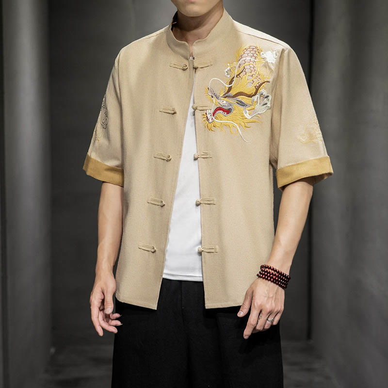 Nimara Ritual Frog-Button Chinese Dragon Auspicious Cloud Embroidery Half Sleeve Shirt Cotton Linen Men Clothing