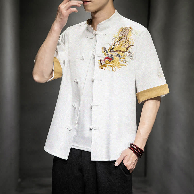 Nimara Ritual Frog-Button Chinese Dragon Auspicious Cloud Embroidery Half Sleeve Shirt Cotton Linen Men Clothing