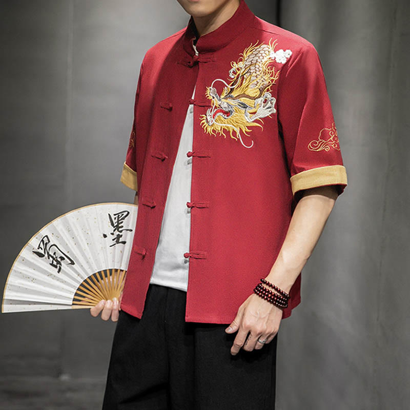 Nimara Ritual Frog-Button Chinese Dragon Auspicious Cloud Embroidery Half Sleeve Shirt Cotton Linen Men Clothing