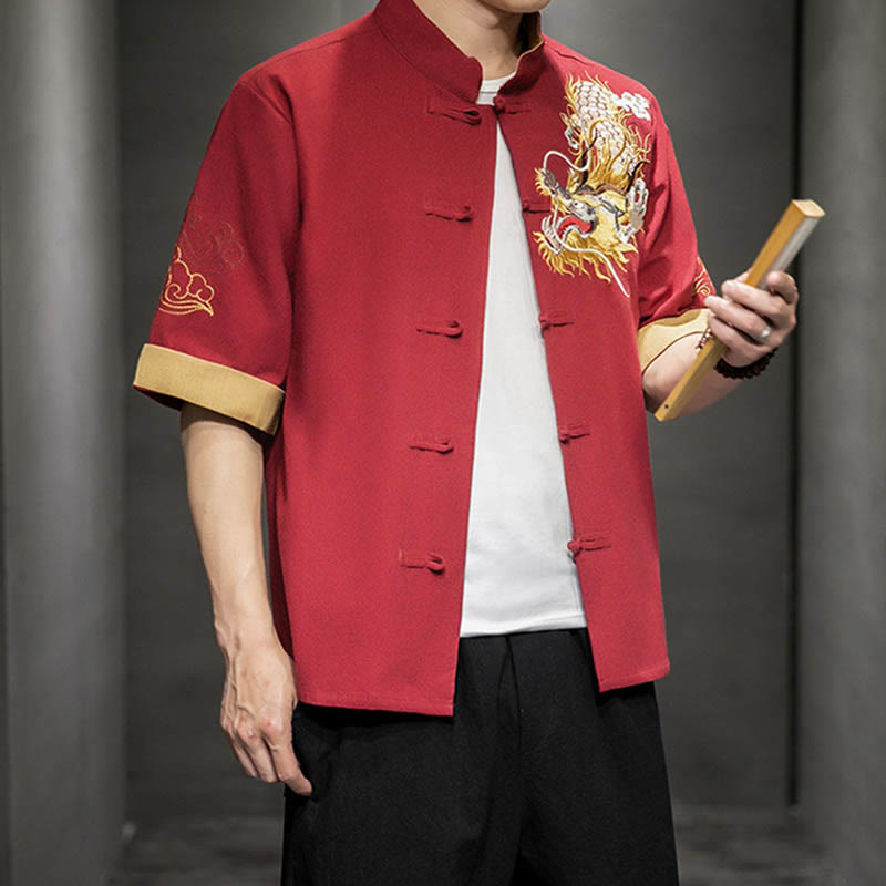 Nimara Ritual Frog-Button Chinese Dragon Auspicious Cloud Embroidery Half Sleeve Shirt Cotton Linen Men Clothing
