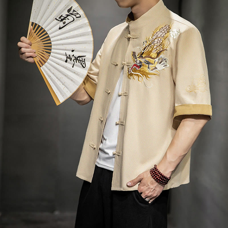 Nimara Ritual Frog-Button Chinese Dragon Auspicious Cloud Embroidery Half Sleeve Shirt Cotton Linen Men Clothing