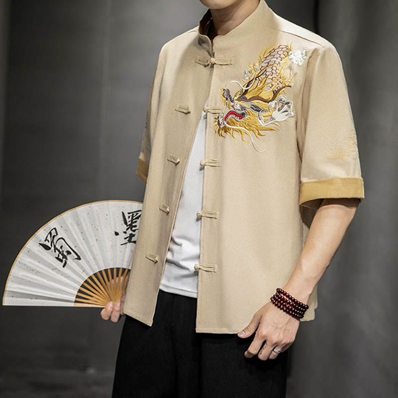 Nimara Ritual Frog-Button Chinese Dragon Auspicious Cloud Embroidery Half Sleeve Shirt Cotton Linen Men Clothing
