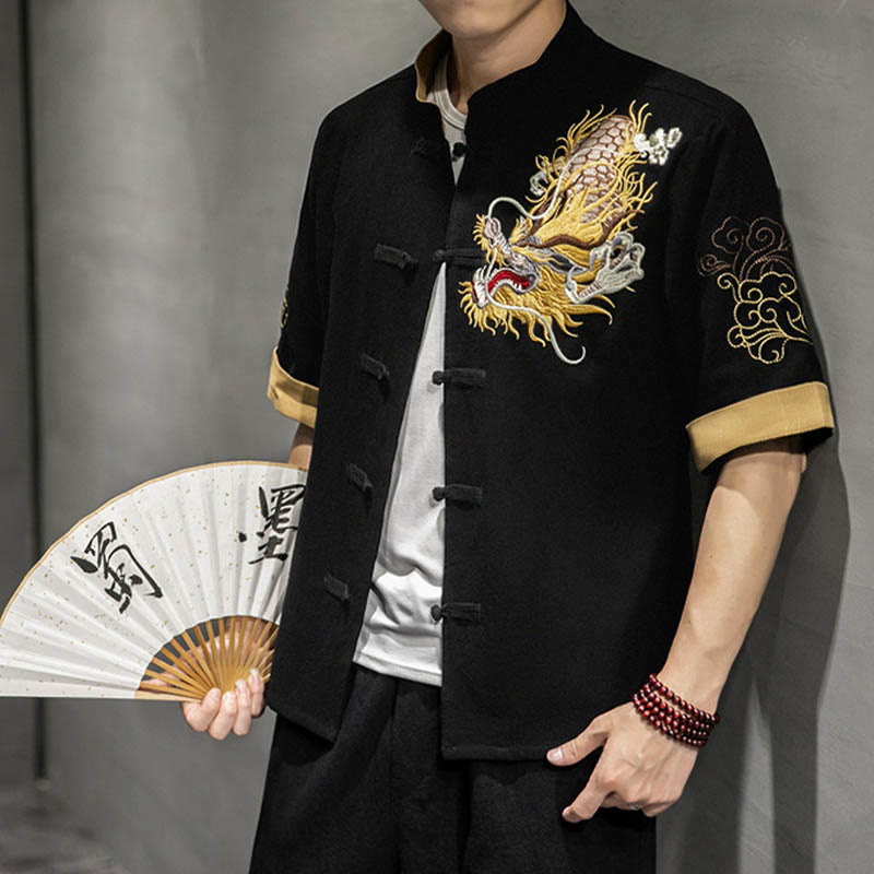 Nimara Ritual Frog-Button Chinese Dragon Auspicious Cloud Embroidery Half Sleeve Shirt Cotton Linen Men Clothing